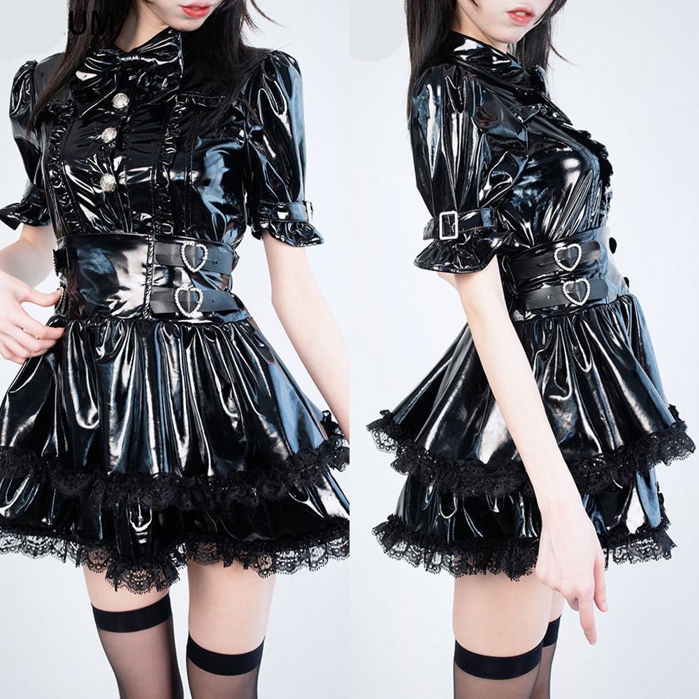 【特物魔屋】緋卡霖FEATURIUM 原創日系 漆皮地雷系洋裝套裝 量產系 黑暗系 短袖襯衫上衣皮衣 高腰短裙皮衣-細節圖4