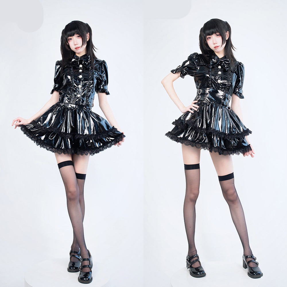 【特物魔屋】緋卡霖FEATURIUM 原創日系 漆皮地雷系洋裝套裝 量產系 黑暗系 短袖襯衫上衣皮衣 高腰短裙皮衣-細節圖5