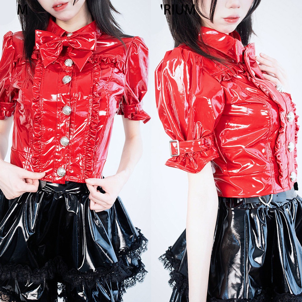 【特物魔屋】緋卡霖FEATURIUM 原創日系 漆皮地雷系洋裝套裝 量產系 黑暗系 短袖襯衫上衣皮衣 高腰短裙皮衣-細節圖6