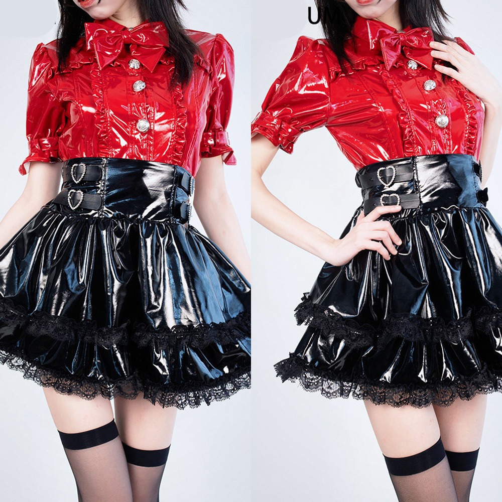 【特物魔屋】緋卡霖FEATURIUM 原創日系 漆皮地雷系洋裝套裝 量產系 黑暗系 短袖襯衫上衣皮衣 高腰短裙皮衣-細節圖7