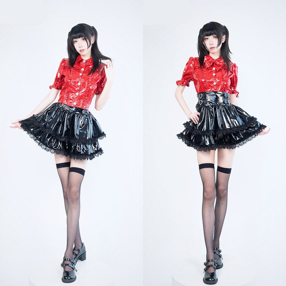 【特物魔屋】緋卡霖FEATURIUM 原創日系 漆皮地雷系洋裝套裝 量產系 黑暗系 短袖襯衫上衣皮衣 高腰短裙皮衣-細節圖8