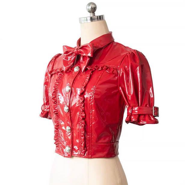 【特物魔屋】緋卡霖FEATURIUM 原創日系 漆皮地雷系洋裝套裝 量產系 黑暗系 短袖襯衫上衣皮衣 高腰短裙皮衣-規格圖8