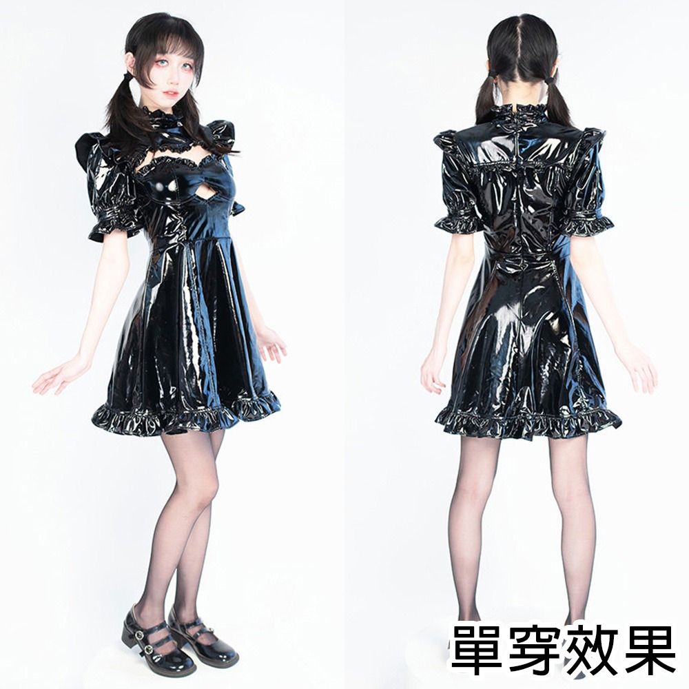 【特物魔屋】緋卡霖FEATURIUM 暗黑系鏤空短袖公主袖高領洋裝 歌德風 黑暗視覺系 漆皮蘿莉塔LOLITA風漆皮洋裝-細節圖3