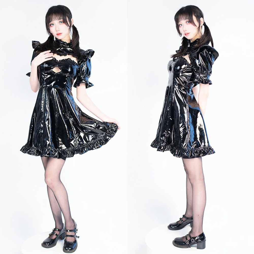 【特物魔屋】緋卡霖FEATURIUM 暗黑系鏤空短袖公主袖高領洋裝 歌德風 黑暗視覺系 漆皮蘿莉塔LOLITA風漆皮洋裝-細節圖4