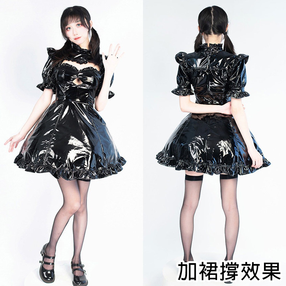 【特物魔屋】緋卡霖FEATURIUM 暗黑系鏤空短袖公主袖高領洋裝 歌德風 黑暗視覺系 漆皮蘿莉塔LOLITA風漆皮洋裝-細節圖5