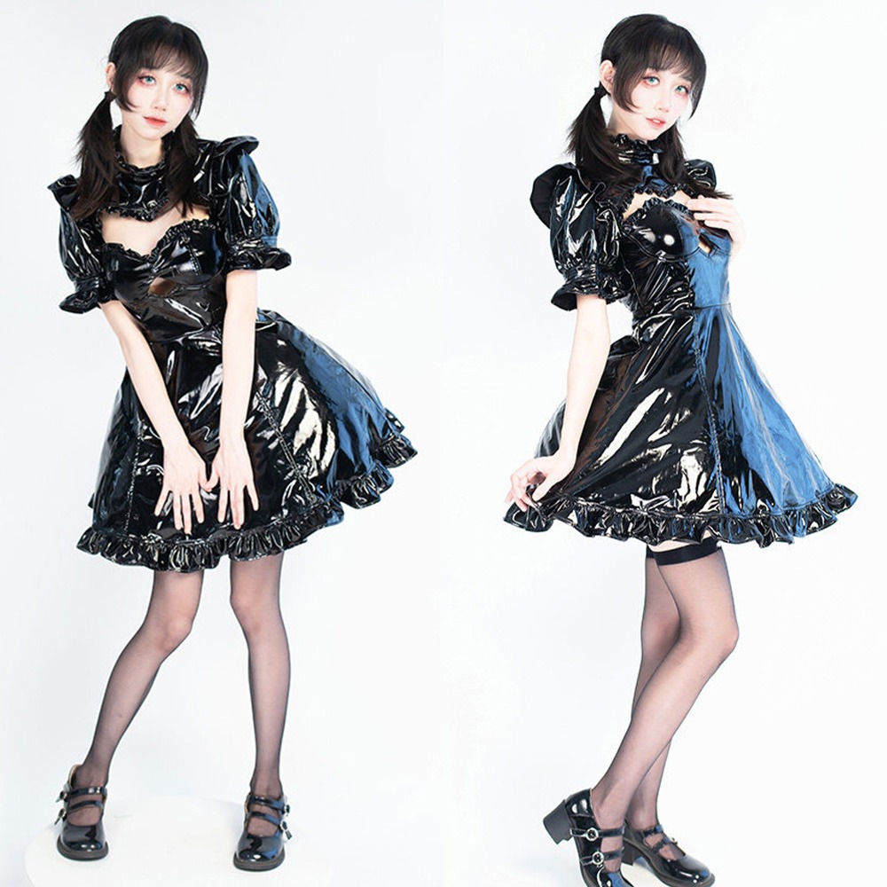 【特物魔屋】緋卡霖FEATURIUM 暗黑系鏤空短袖公主袖高領洋裝 歌德風 黑暗視覺系 漆皮蘿莉塔LOLITA風漆皮洋裝-細節圖6