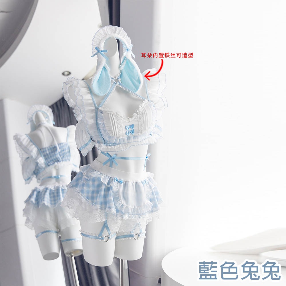 【特物魔屋】火華家原創設計 田園兔女僕裝 森林系日系萌系女僕裝內衣 可愛格子彈性吊帶蕾絲兔耳短裙褲裙女僕裝-細節圖4