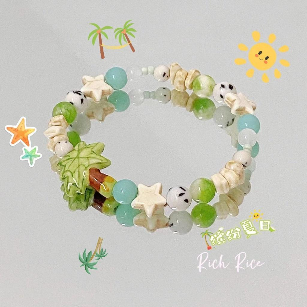 火星兔★椰樹海島 夏日椰子樹 小清新 小衆設計 甜美 彈力繩串珠 手飾手鍊女 學生閨蜜手飾 禮物-細節圖3