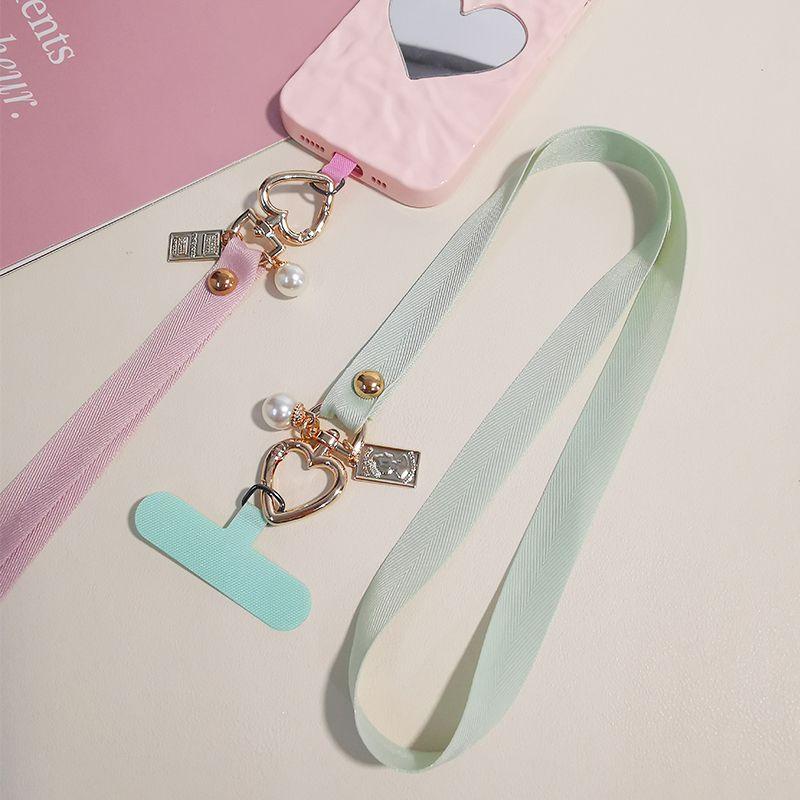 火星兔★手機掛繩 長款掛脖 掛件 珍珠愛心扣寬佈帶子 手機殻通用 可拆卸結實潮-細節圖3