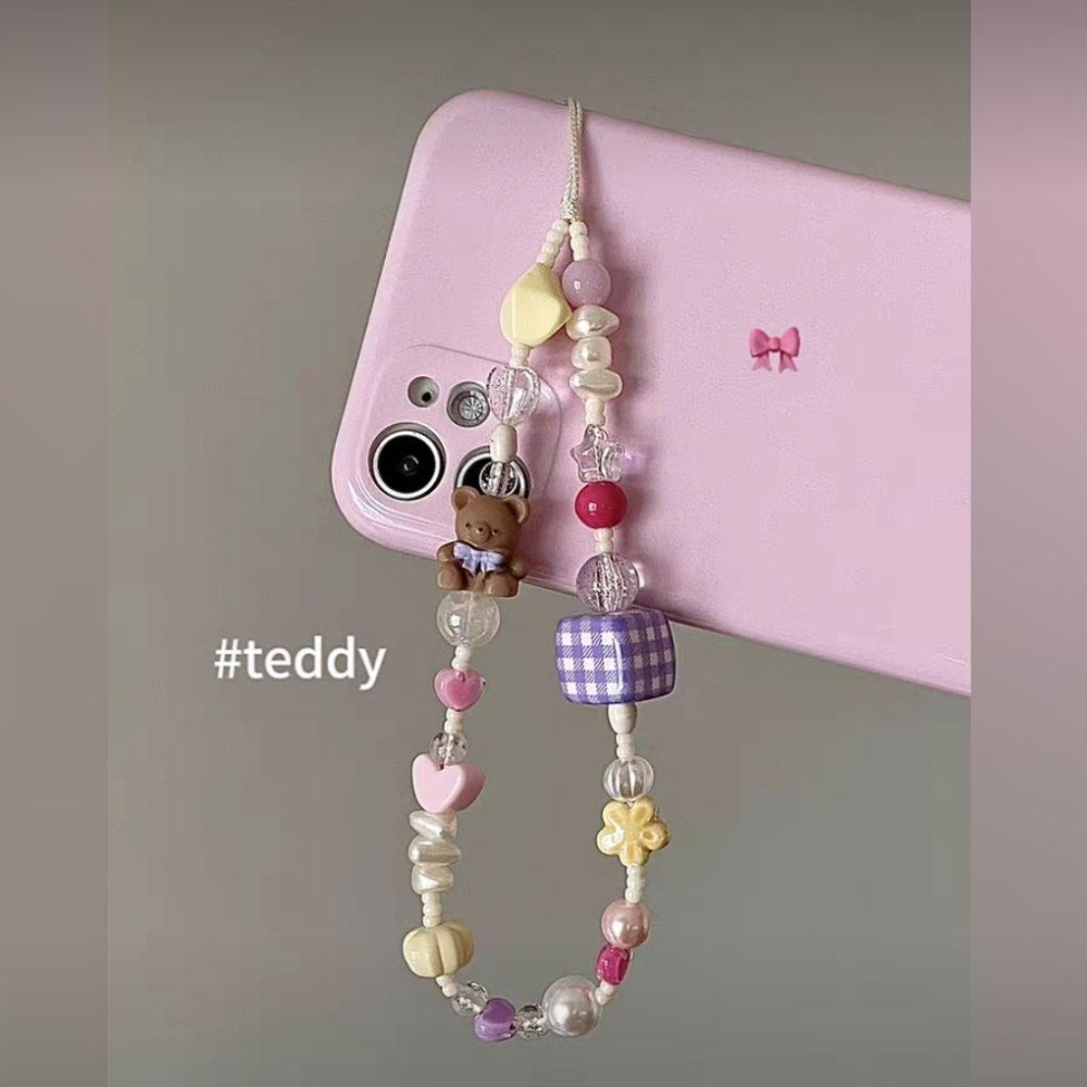 火星兔★吊飾 手機繩 小熊串珠手機鏈可愛小衆原創設計少女心粉紫色格子奶黃夏日色彩 掛件 少女心 送禮-細節圖2