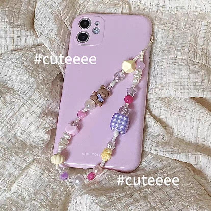 火星兔★吊飾 手機繩 小熊串珠手機鏈可愛小衆原創設計少女心粉紫色格子奶黃夏日色彩 掛件 少女心 送禮-細節圖3