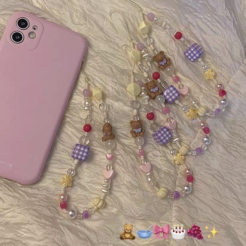 火星兔★吊飾 手機繩 小熊串珠手機鏈可愛小衆原創設計少女心粉紫色格子奶黃夏日色彩 掛件 少女心 送禮-細節圖4