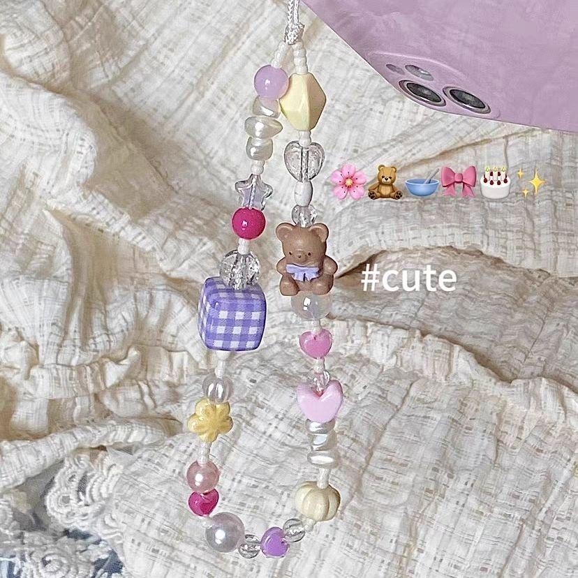 火星兔★吊飾 手機繩 小熊串珠手機鏈可愛小衆原創設計少女心粉紫色格子奶黃夏日色彩 掛件 少女心 送禮-細節圖5