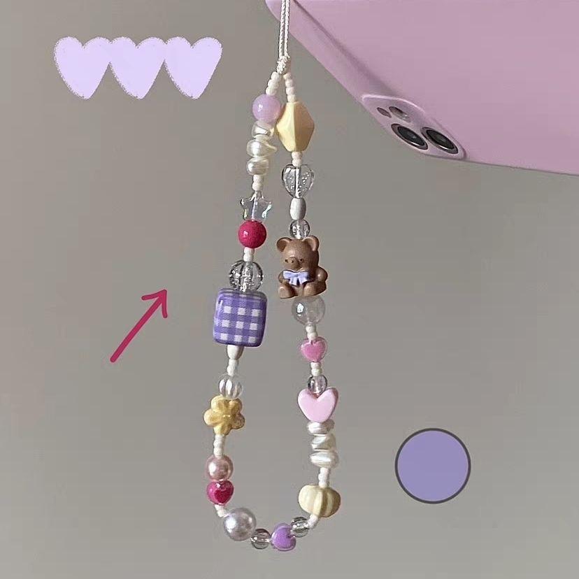 火星兔★吊飾 手機繩 小熊串珠手機鏈可愛小衆原創設計少女心粉紫色格子奶黃夏日色彩 掛件 少女心 送禮-細節圖6