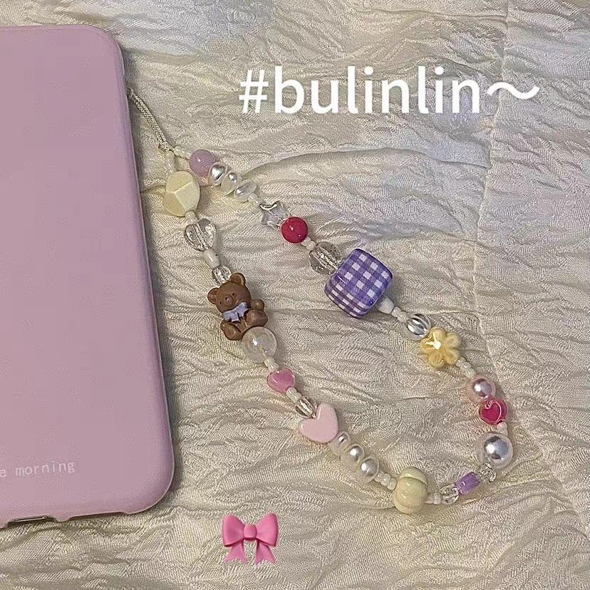 火星兔★吊飾 手機繩 小熊串珠手機鏈可愛小衆原創設計少女心粉紫色格子奶黃夏日色彩 掛件 少女心 送禮-細節圖8