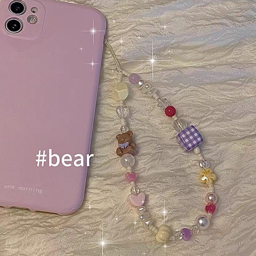 火星兔★吊飾 手機繩 小熊串珠手機鏈可愛小衆原創設計少女心粉紫色格子奶黃夏日色彩 掛件 少女心 送禮-細節圖9