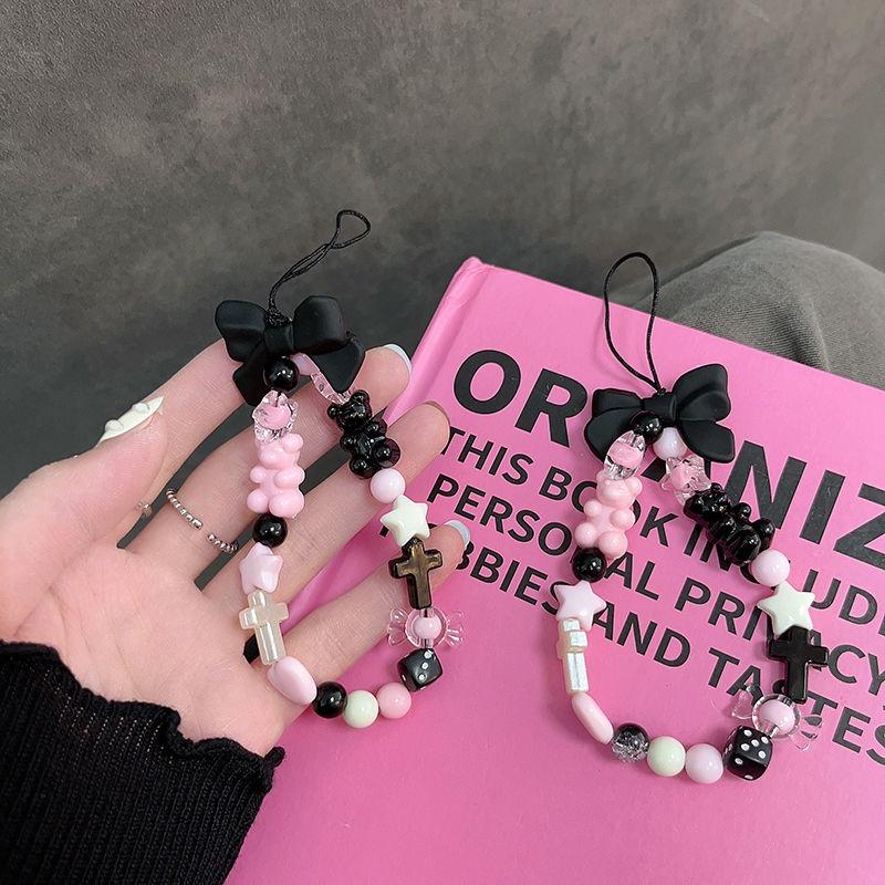 火星兔★吊飾 手機繩 手機吊飾 少女心粉混搭 黑色珠珠日韓系掛飾 手機掛繩 手機鍊 串珠 韓國 手機鍊條-細節圖2