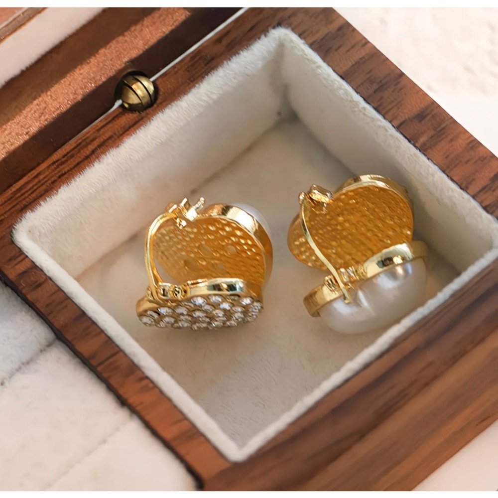 2025新款耳飾雙面設計愛心耳扣時尚鋯石珍珠耳釘-細節圖3