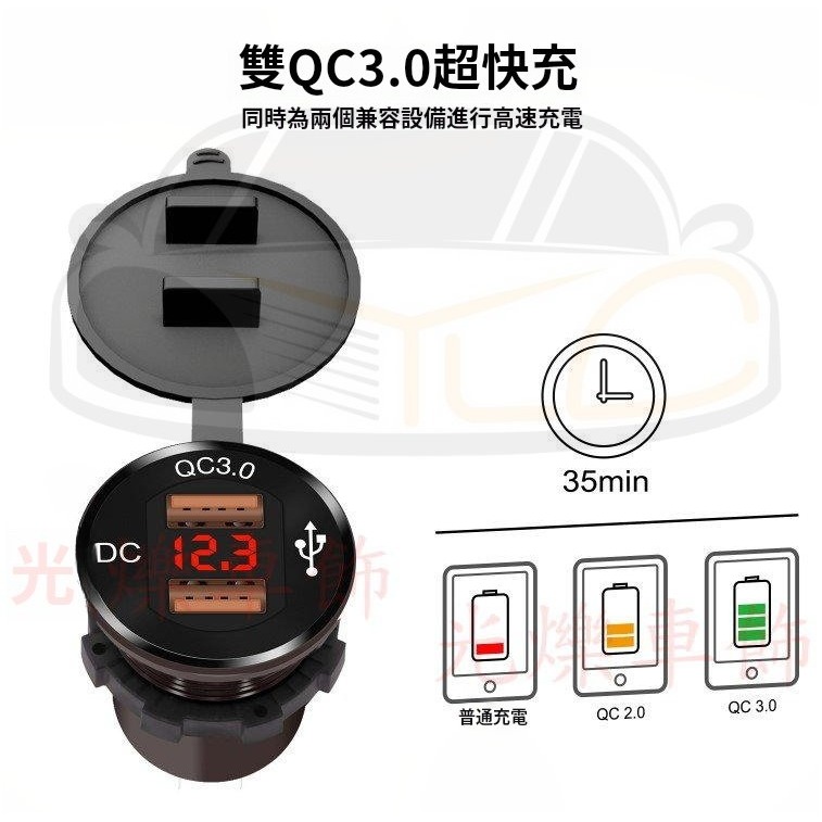 YLC。B092快充QC3.0 帶電壓表 雙孔 USB 防水 機車USB 手機車充 充電座 點菸座 車充機車充電非小U-細節圖2