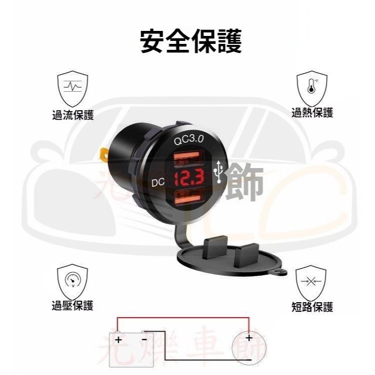 YLC。B092快充QC3.0 帶電壓表 雙孔 USB 防水 機車USB 手機車充 充電座 點菸座 車充機車充電非小U-細節圖3