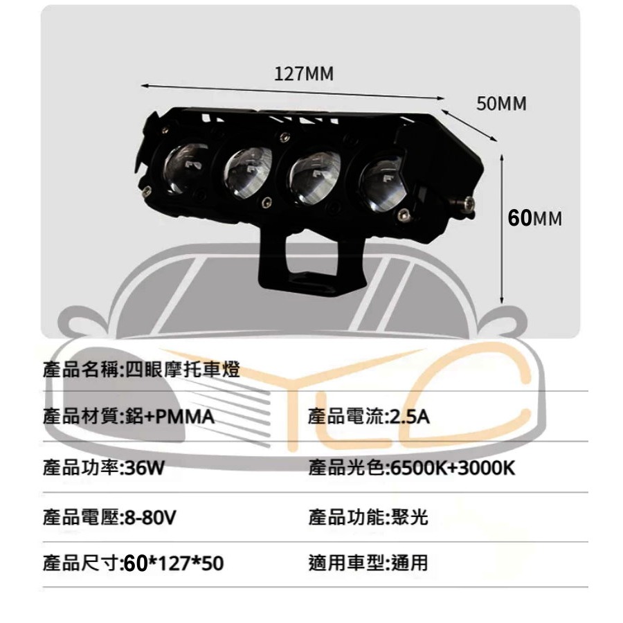 YLC。外掛霧燈 三眼 四眼 魚眼 透鏡 白黃光 遠近燈 霧燈改装 機車 汽車 防水 電動車 12V~24V通用-規格圖7