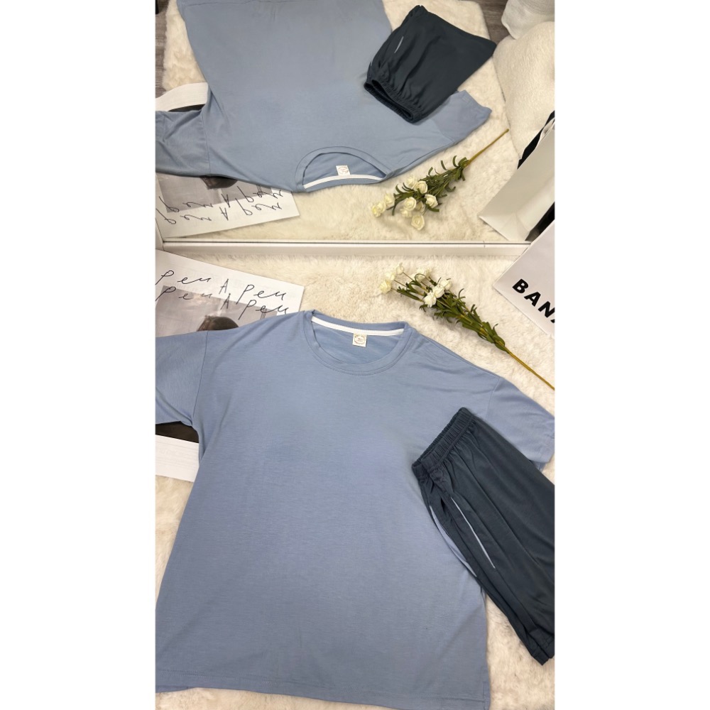 莫代爾棉胸墊莫蘭迪藍睡衣(兩件式)-細節圖2