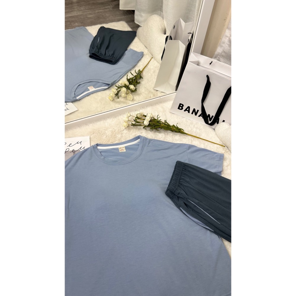 莫代爾棉胸墊莫蘭迪藍睡衣(兩件式)-細節圖3