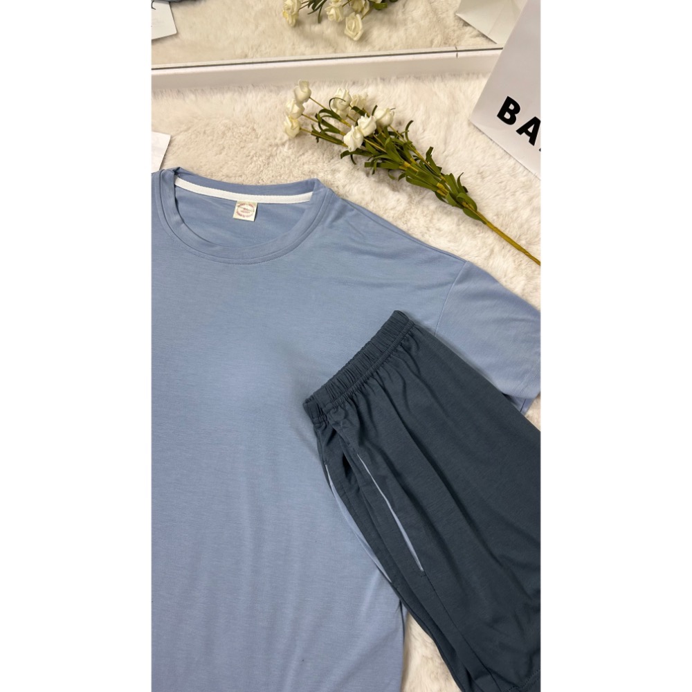 莫代爾棉胸墊莫蘭迪藍睡衣(兩件式)-細節圖4