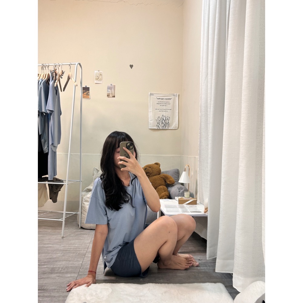 莫代爾棉胸墊莫蘭迪藍睡衣(兩件式)-細節圖6