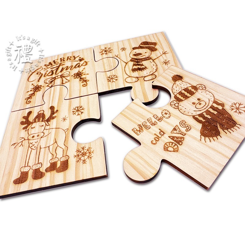 實木拼圖杯墊 (聖誕節) 一組四入 是杯墊也是鍋墊 交換禮物 禮品 聖誕禮品 個性杯墊 小禮物 辦公室療癒小物-細節圖2