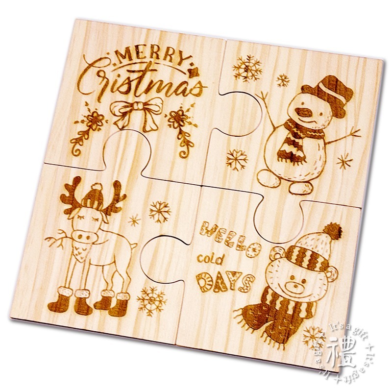 實木拼圖杯墊 (聖誕節) 一組四入 是杯墊也是鍋墊 交換禮物 禮品 聖誕禮品 個性杯墊 小禮物 辦公室療癒小物-細節圖5