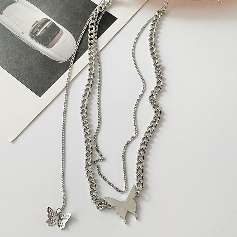【好.樣.日.子】蝴蝶雙層疊戴項鍊｜鈦鋼骨鍊鍊 頸鏈 百搭鎖骨鍊 不易掉色 雙層設計女項鍊-細節圖3
