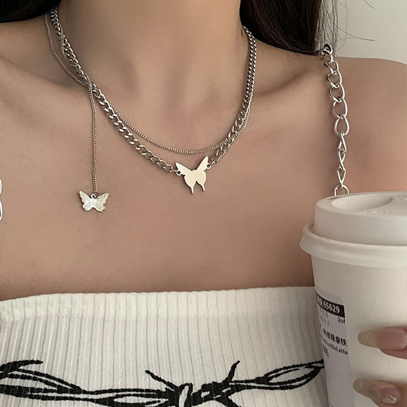 【好.樣.日.子】蝴蝶雙層疊戴項鍊｜鈦鋼骨鍊鍊 頸鏈 百搭鎖骨鍊 不易掉色 雙層設計女項鍊-細節圖5