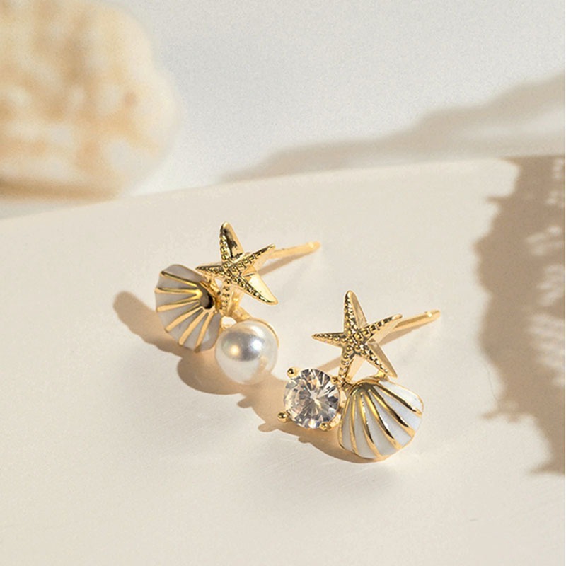 【好.樣.日.子】簡約水鑽海星貝殼珍珠甜美耳環 純銀耳針 耳針 耳釘 耳環-細節圖2