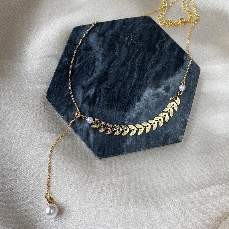 【好.樣.日.子】簡約時尚珍珠麥穗項鍊 鈦鋼鎖骨鍊 女 項鍊 骨鏈 頸鏈 不易褪色 抗過敏 飾品推薦-細節圖3