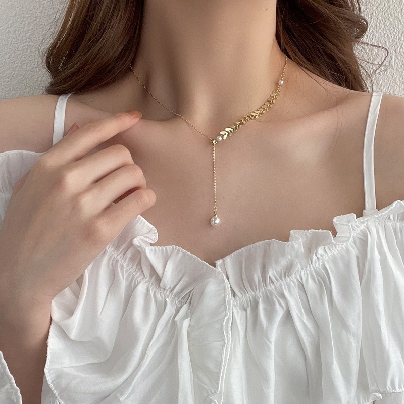 【好.樣.日.子】簡約時尚珍珠麥穗項鍊 鈦鋼鎖骨鍊 女 項鍊 骨鏈 頸鏈 不易褪色 抗過敏 飾品推薦-細節圖4