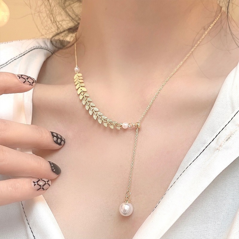 【好.樣.日.子】簡約時尚珍珠麥穗項鍊 鈦鋼鎖骨鍊 女 項鍊 骨鏈 頸鏈 不易褪色 抗過敏 飾品推薦-細節圖6