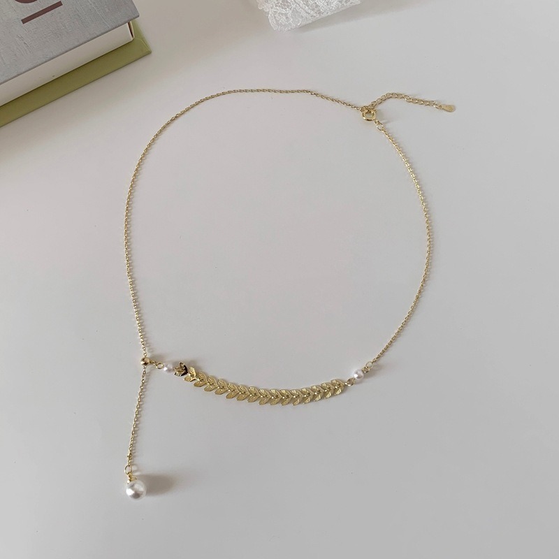 【好.樣.日.子】簡約時尚珍珠麥穗項鍊 鈦鋼鎖骨鍊 女 項鍊 骨鏈 頸鏈 不易褪色 抗過敏 飾品推薦-細節圖2