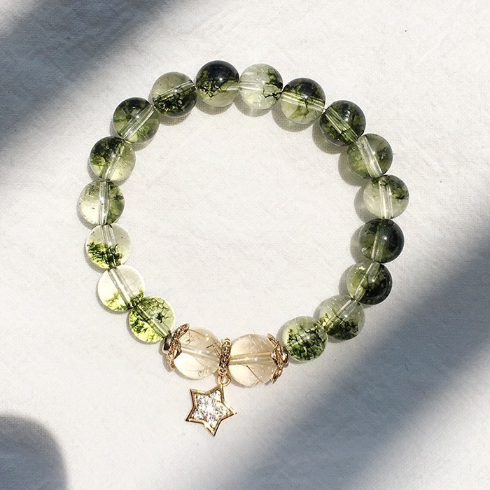 【好.樣.日.子】白爆花綠幽靈髮晶手鍊 綠幽靈髮晶 金髮晶手鍊 天然水晶手鍊 招財開運水晶手鍊 綠幽靈能量手環-細節圖3