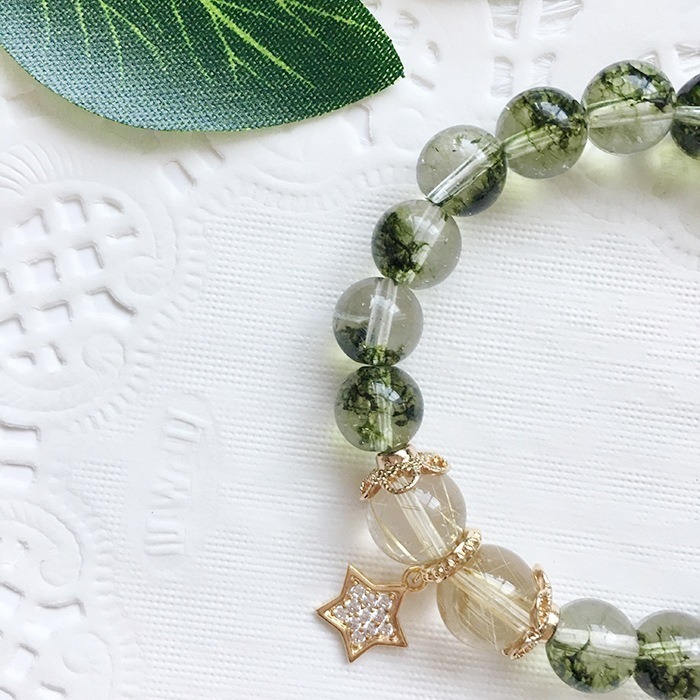 【好.樣.日.子】白爆花綠幽靈髮晶手鍊 綠幽靈髮晶 金髮晶手鍊 天然水晶手鍊 招財開運水晶手鍊 綠幽靈能量手環-細節圖4