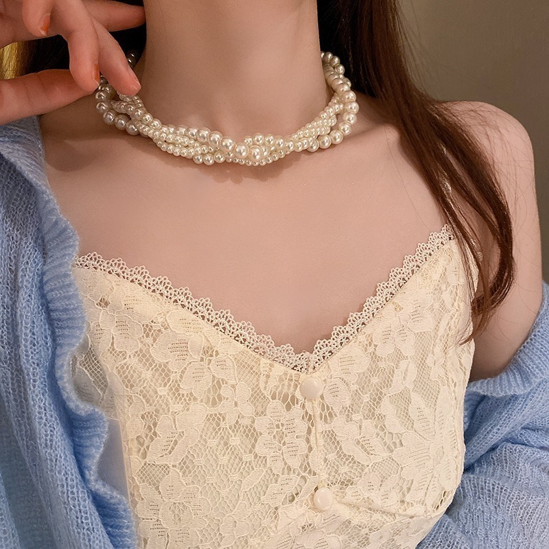 【好.樣.日.子】韓系時尚多層珍珠項鍊 麻花纏繞設計感頸鏈 氣質百搭鎖骨鏈 多層次項鏈 女生飾品-細節圖3