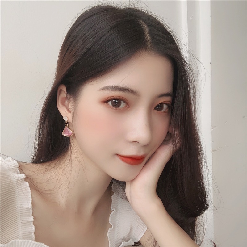 【好.樣.日.子】韓系扇形耳環 粉色綠色透明感設計感耳釘 氣質少女風 純銀耳針 S925不易過敏耳環-細節圖7