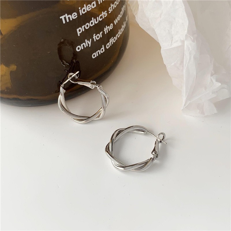 【好.樣.日.子】S925純銀韓版簡約花圈耳環 百搭麻花圓圈耳針 耳飾 小眾設計耳釘女飾品-細節圖3