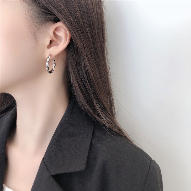 【好.樣.日.子】S925純銀韓版簡約花圈耳環 百搭麻花圓圈耳針 耳飾 小眾設計耳釘女飾品-細節圖6