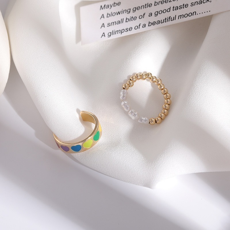 【好.樣.日.子】ins風甜美風撞色可愛個性兩件套戒指 開口戒指 可調式戒指 可調戒指 復古戒指-細節圖2