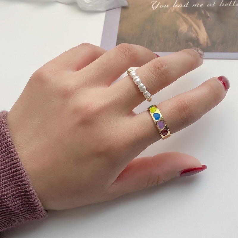 【好.樣.日.子】ins風甜美風撞色可愛個性兩件套戒指 開口戒指 可調式戒指 可調戒指 復古戒指-細節圖4