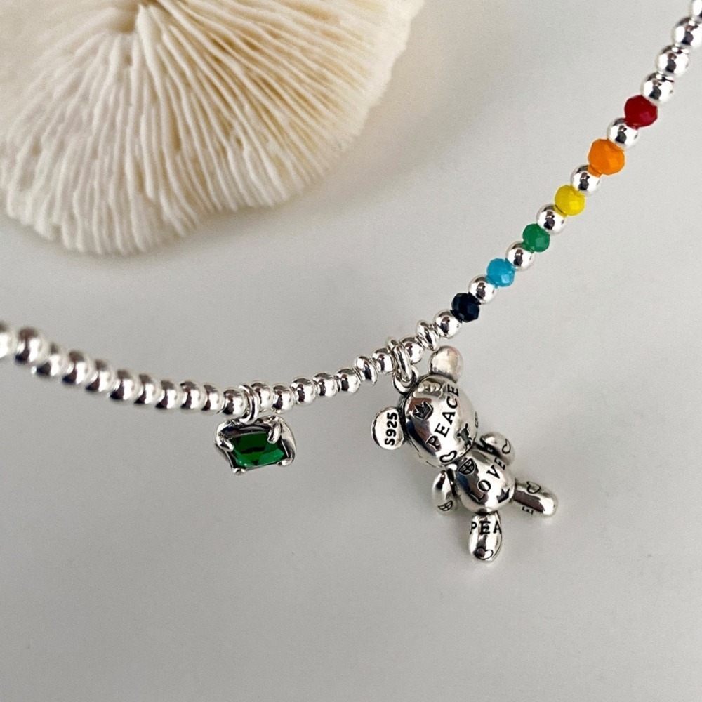 【好.樣.日.子】S925純銀小熊彩虹圓珠項鍊 可愛風頸鏈 骨鍊鍊 不易褪色 銀飾設計款 S925項鍊 女款鎖骨鍊-細節圖2