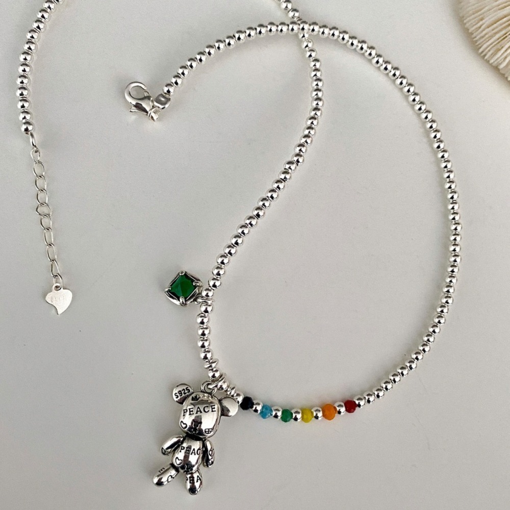 【好.樣.日.子】S925純銀小熊彩虹圓珠項鍊 可愛風頸鏈 骨鍊鍊 不易褪色 銀飾設計款 S925項鍊 女款鎖骨鍊-細節圖3