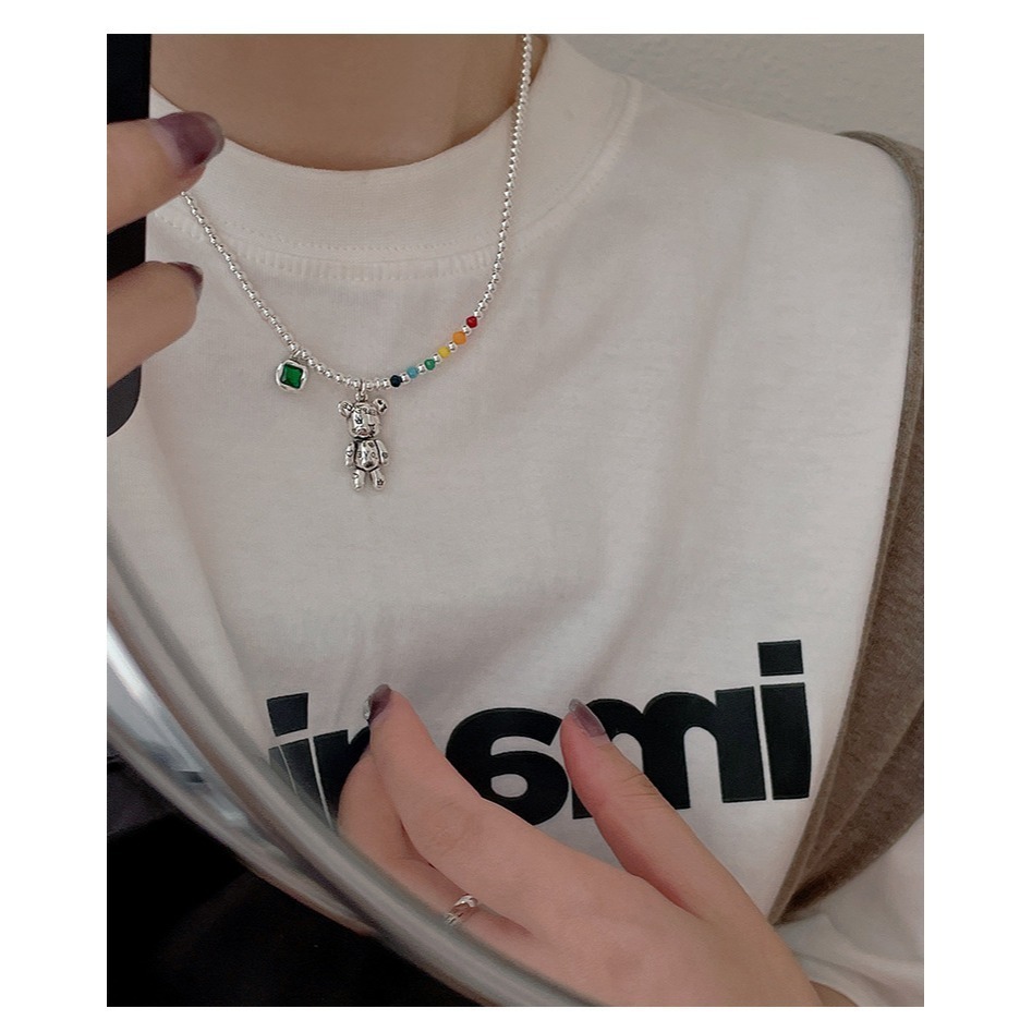 【好.樣.日.子】S925純銀小熊彩虹圓珠項鍊 可愛風頸鏈 骨鍊鍊 不易褪色 銀飾設計款 S925項鍊 女款鎖骨鍊-細節圖5