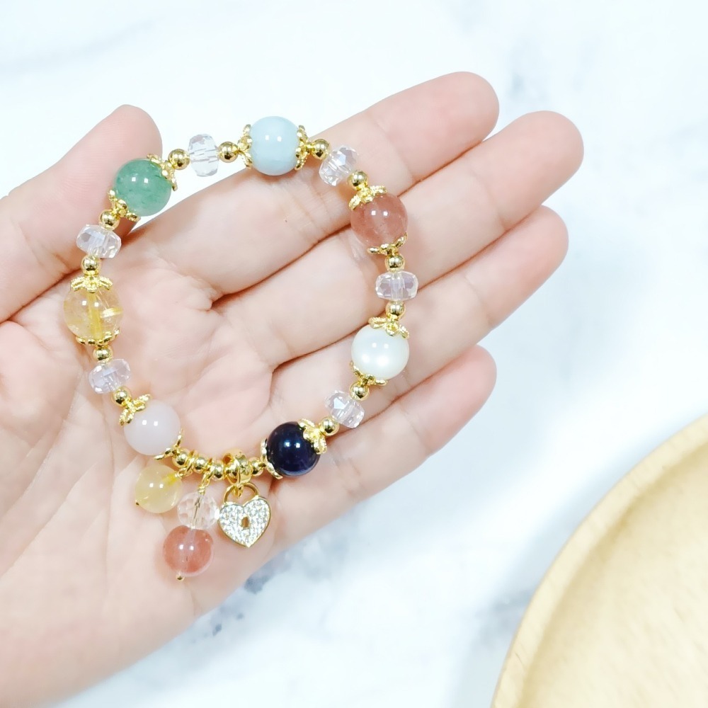 【好.樣.日.子】愛心七彩多寶水晶手鍊 金髮晶 草莓晶 海藍寶 粉晶 紫水晶開運手飾 女生必備能量飾品-細節圖5